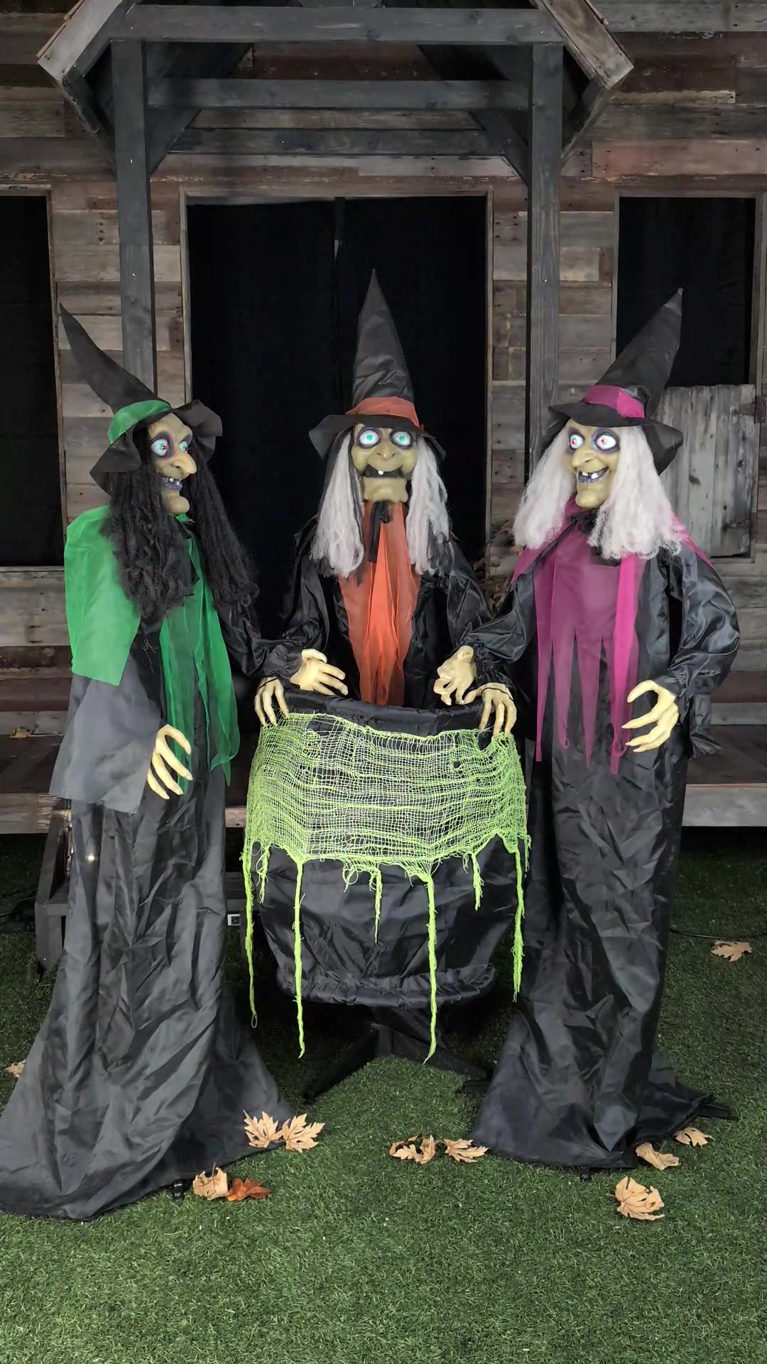 Double, double, toil and triple trouble! Judy, Jody, and Julie form a spine-tingling coven in this animated Halloween display. With eerie lights, motion, and creepy cackles, these three witches brew up the perfect haunted atmosphere for your spooky setup.
